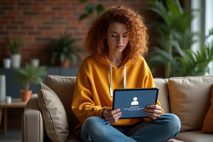 Jeune femme confuse consultant une tablette affichant une erreur d'accès à un compte cloud depuis son salon