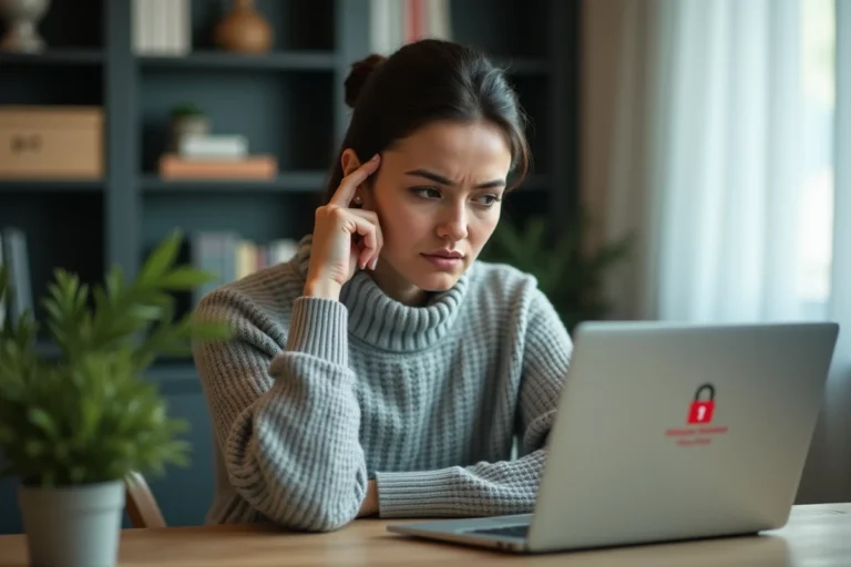 Femme frustrée face à un message d'accès refusé sur un ordinateur portable lors de la connexion à un service cloud
