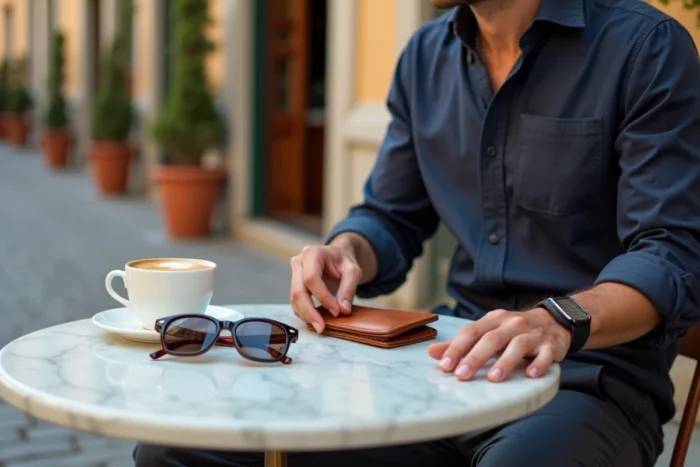 Homme stylé en terrasse de café européen avec accessoires masculins essentiels — portefeuille en cuir et lunettes de soleil sur table en marbre