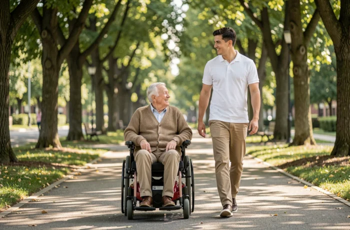 Accompagnement d'un senior en fauteuil roulant lors d'une promenade dans un parc urbain