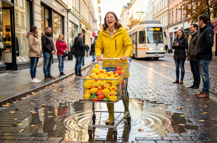 Una donna in impermeabile giallo spinge un carrello pieno di anatre di plastica in una strada urbana bagnata, sotto gli sguardi sorpresi dei passanti
