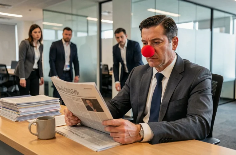 Un homme en costume d'affaires portant un nez de clown rouge lit tranquillement son journal dans un bureau moderne, sous le regard amusé de ses collègues