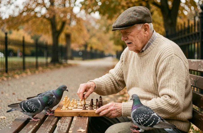Un uomo anziano con un berretto di tweed insegna a giocare a scacchi a dei piccioni su una panchina di un parco in autunno, in una scena assurda e toccante