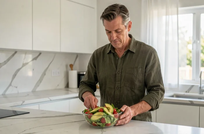 Homme préparant une salade fraîche et équilibrée dans une cuisine moderne dans le cadre d'une alimentation saine au quotidien