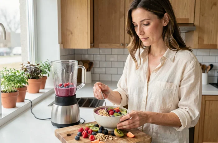 Femme préparant un bol de smoothie coloré dans une cuisine moderne, symbole d'une alimentation saine et d'un bien-être au quotidien
