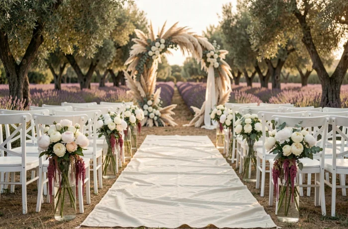Allée de cérémonie de mariage en plein air dans un champ de lavande provençal avec fleurs blanches et chaises en bois peint