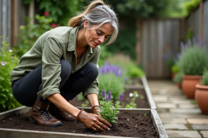 Femme jardinière transplantant un plant de lavande dans un potager surélevé avec des outils de jardinage et des pots en terre cuite en arrière-plan