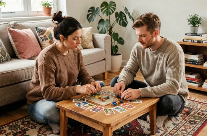 Deux amis jouant à un jeu de société sur un tapis dans un salon cosy, loisirs conviviaux à la maison en 2024