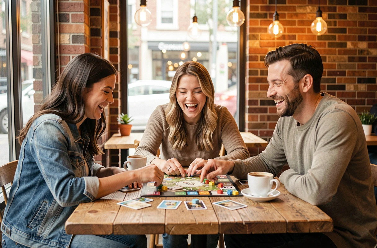Groupe d'amis jouant à un jeu de société dans un café convivial, idée de loisir social et divertissant pour passer du bon temps