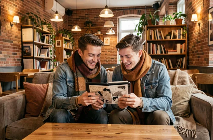 Deux amis lisant ensemble un one-shot yaoi manga sur une tablette dans un café chaleureux aux murs en briques