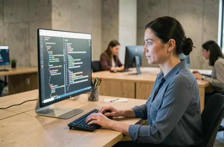 Développeuse web analysant la structure d'un sitemap XML sur un grand écran dans un bureau moderne