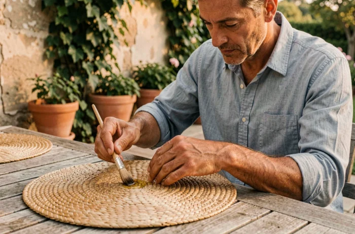 Homme appliquant de l'huile naturelle sur une natte en or végétal artisanal dans un jardin en pierre