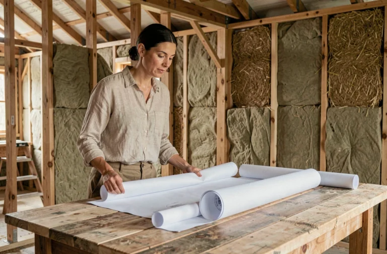 Architecte féminine examinant des plans de construction d'une maison éco-responsable avec matériaux durables apparents