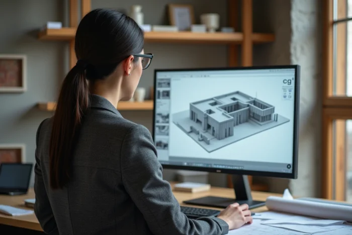 Architecte femme analysant un modèle 3D architectural sur écran dans un studio de design contemporain