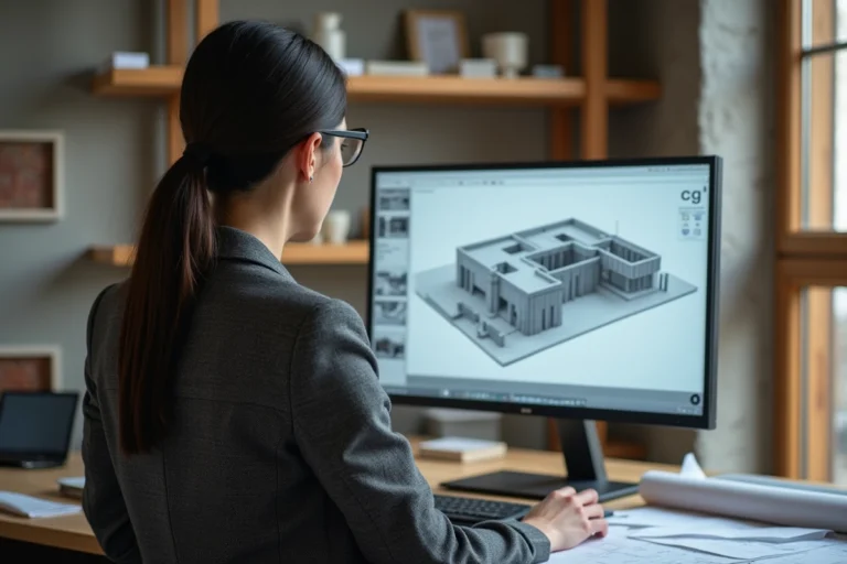Architecte femme analysant un modèle 3D architectural sur écran dans un studio de design contemporain
