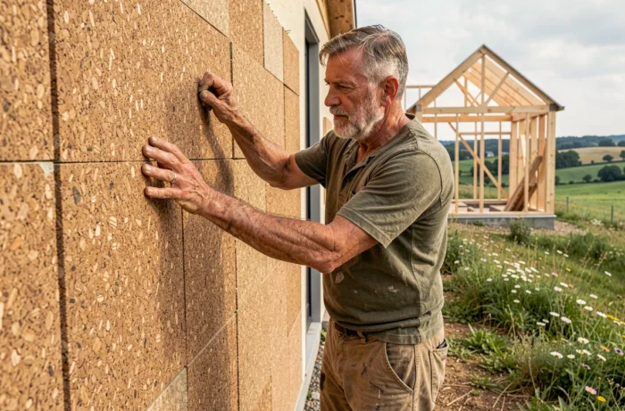 Artisan installant des panneaux isolants en liège recyclé sur une maison écologique en milieu rural