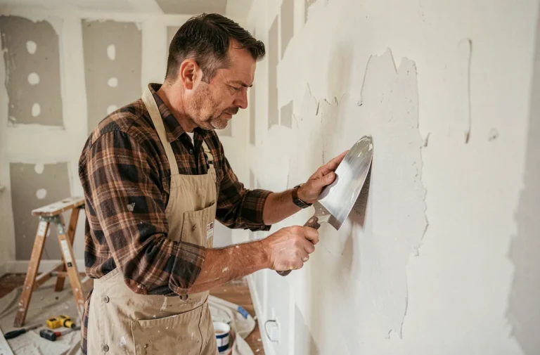 Artisan en train d'appliquer du plâtre sur un mur lors de travaux de rénovation intérieure