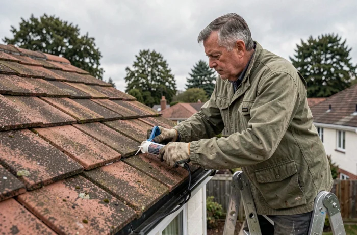 Artisan sur une échelle inspectant et réparant l'étanchéité d'une toiture en tuiles lors de travaux d'entretien extérieur