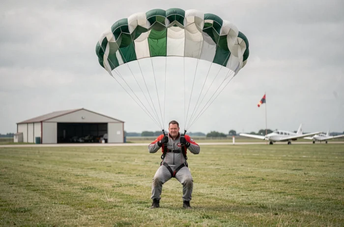 Parachutiste atterrissant sur un terrain herbeux avec sa voile colorée déployée au-dessus de lui, zone d'atterrissage et hangar en arrière-plan