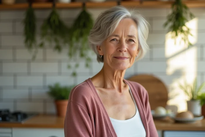 Femme de 70 ans avec un bixie cut, compromis élégant entre le bob et le pixie en dégradé argent