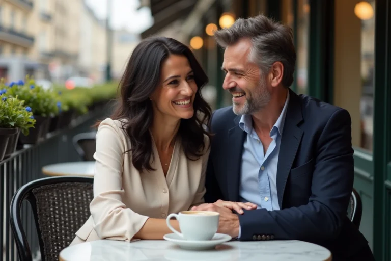 Couple complice attablé en terrasse d'un café parisien, illustrant la vie intime et amoureuse de l'humoriste Booder et sa femme
