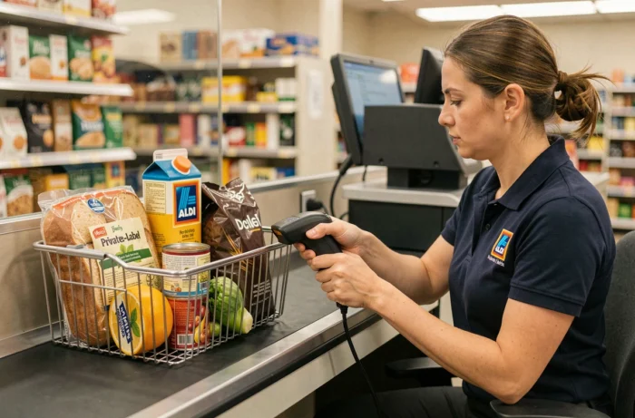 Caisse de supermarché Aldi avec caissière scannant des produits marque propre sur tapis roulant