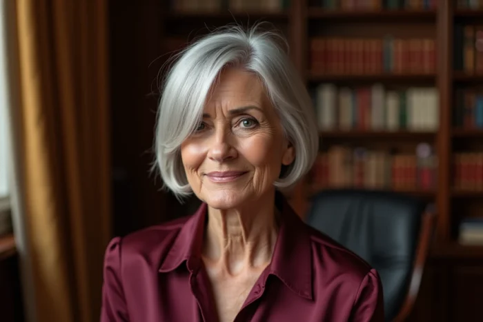 Femme avec un carré court plongeant et une mèche latérale élégante, style contemporain après 70 ans