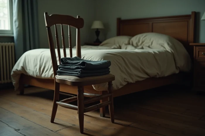 Chaise en bois placée au pied d'un lit défait avec des vêtements posés dessus, symbolisant une superstition du sommeil