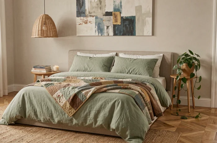Chambre à coucher cosy et tendance avec un lit en lin vert sauge, une lampe en rotin et une décoration minimaliste naturelle pour un intérieur cocon