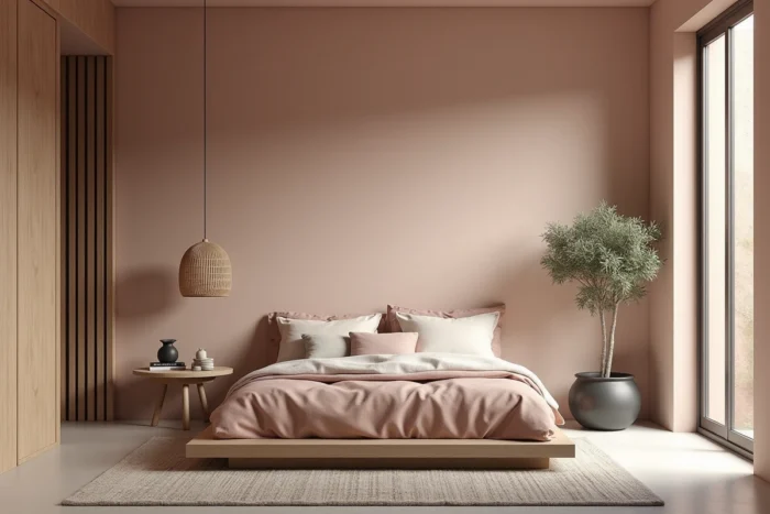 Chambre japandi apaisante avec lit en lin lavé, mur en chaux texturé et décoration naturelle minimaliste