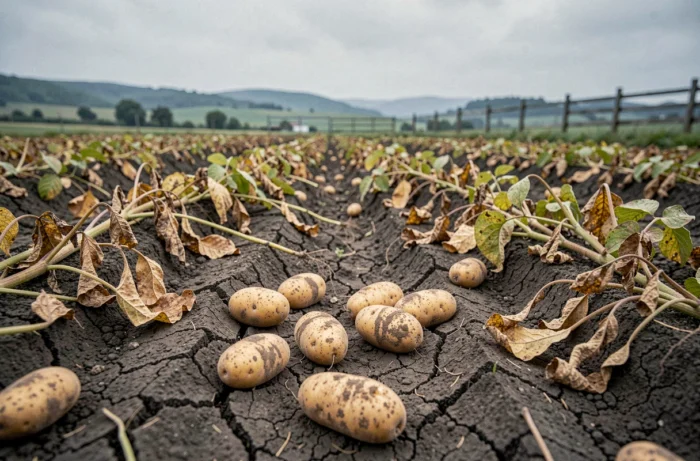 Vue grand angle d'un champ de pommes de terre récoltées avec des tubercules épars sur le sol et des fanes jaunies indiquant la maturité