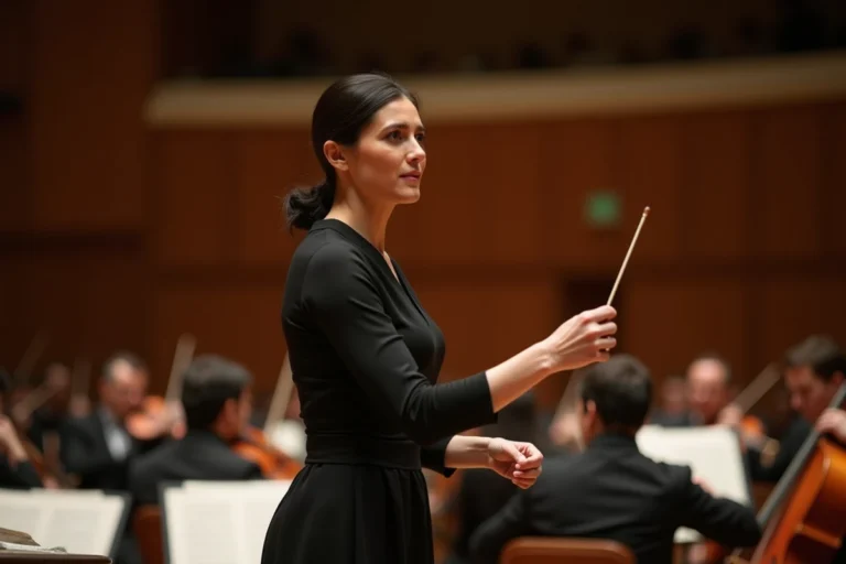 Cheffe d'orchestre femme sur un podium de salle de concert classique tenant un bâton de direction