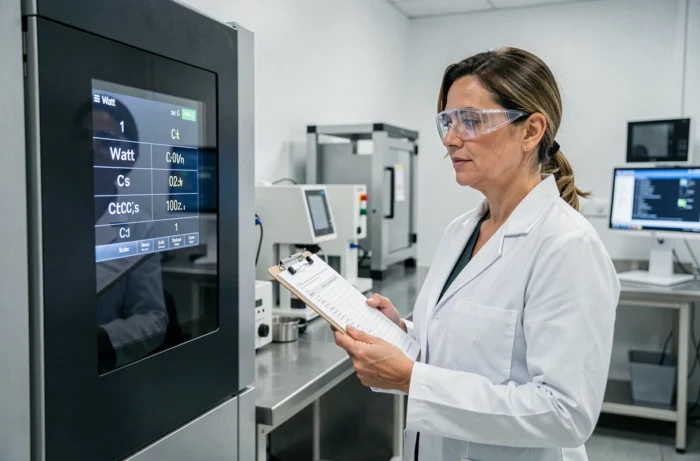 Chercheuse en laboratoire analysant la conversion de puissance en watts vers des températures en degrés Celsius sur un équipement thermique