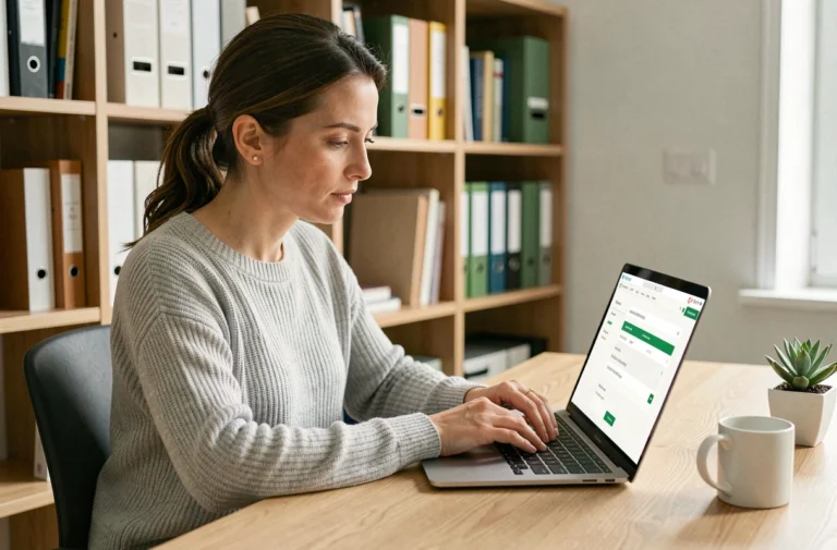 Femme choisissant une adresse BIMVUP sur son ordinateur portable dans un bureau à domicile moderne