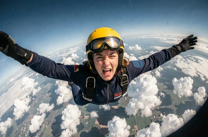 Femme en chute libre lors d'un saut en parachute, bras et jambes écartés dans un ciel nuageux, expression de pure adrénaline
