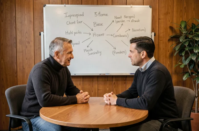 Séance de coaching pour un dirigeant en reconversion professionnelle cherchant à clarifier son positionnement avec l'aide d'un consultant