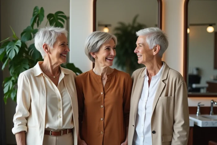 Trois femmes élégantes de plus de 70 ans arborant différentes coiffures courtes dans un salon moderne