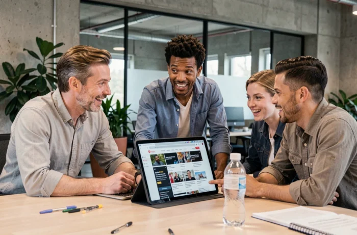 Groupe de collègues discutant des dernières actualités web autour d'une tablette en open space