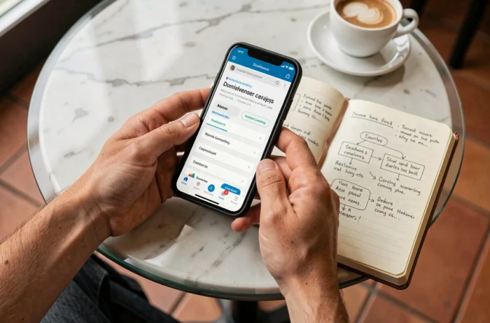 Mains tenant un smartphone avec une comparaison d'adresses BIMVUP dans un café avec des notes manuscrites