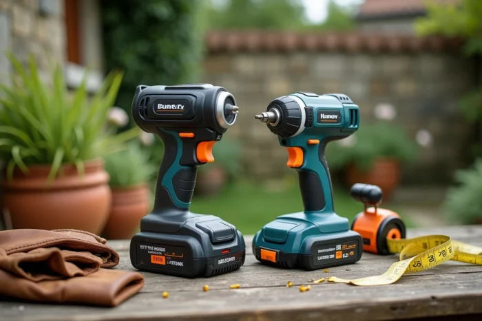 Comparaison côte à côte d'un taille-bordure sans fil et d'un modèle filaire posés sur un établi de jardin en bois avec accessoires