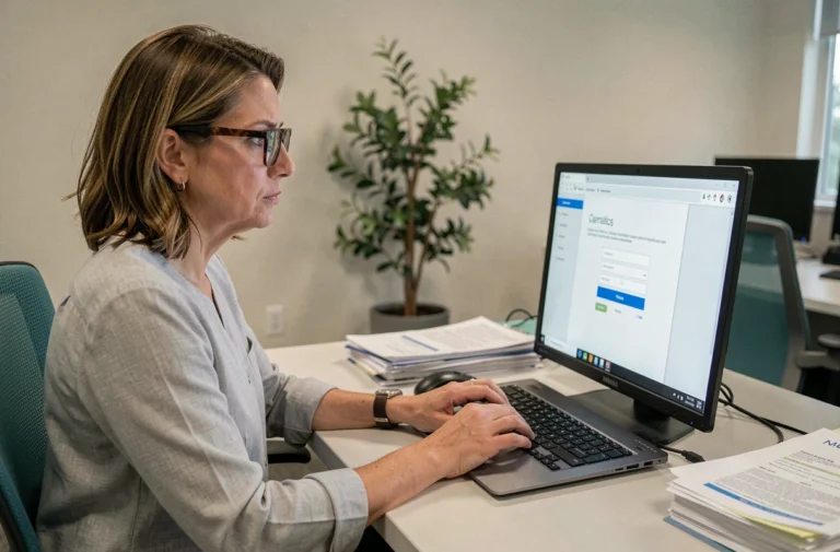 Femme professionnelle de santé tentant de se connecter au portail Medisys sur un ordinateur portable dans un bureau administratif médical
