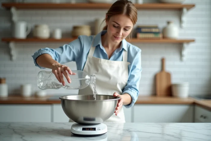 Femme versant 1,5 litre d'eau dans un bol de balance de cuisine pour convertir les litres en kilogrammes