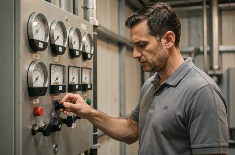 Ingénieur réglant un panneau de chauffage électrique industriel avec des cadrans de watts et de température