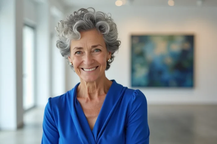 Femme de 70 ans avec une coupe courte bouclée naturelle aux cheveux argentés et définis
