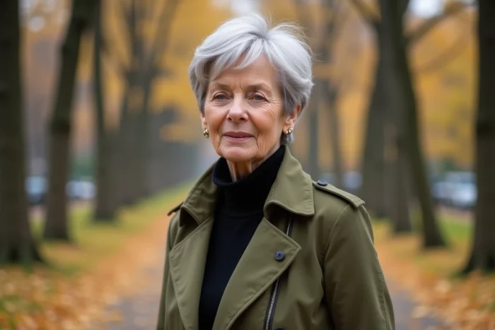 Femme de 70 ans avec une coupe courte effilée, dessus long et côtés courts contrastés en argent