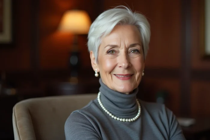 Femme de 70 ans avec une coupe très courte silver crop, style épuré et ultra sophistiqué