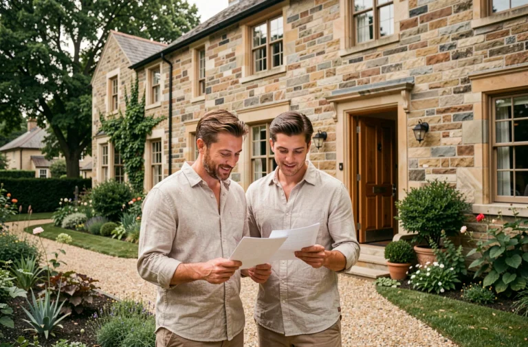 Couple devant une maison en pierre examinant des documents lors d'un achat immobilier