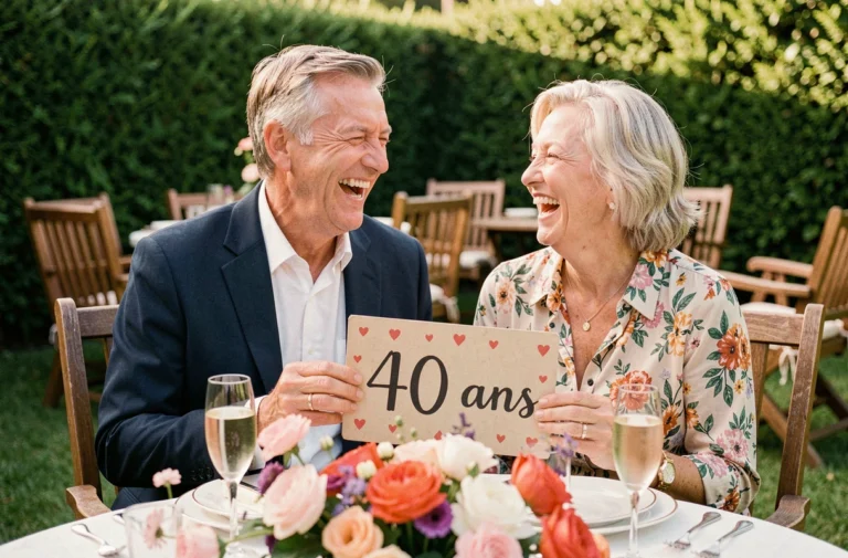 Couple de sexagénaires riant ensemble lors de leur anniversaire de mariage de 40 ans, tenant un panneau décoratif en plein air