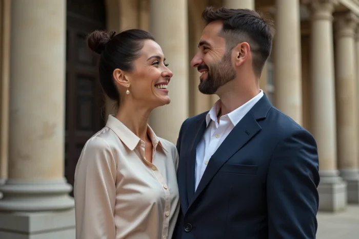 Couple élégant devant un opéra classique français façade en pierre cheffe d'orchestre et mari discret