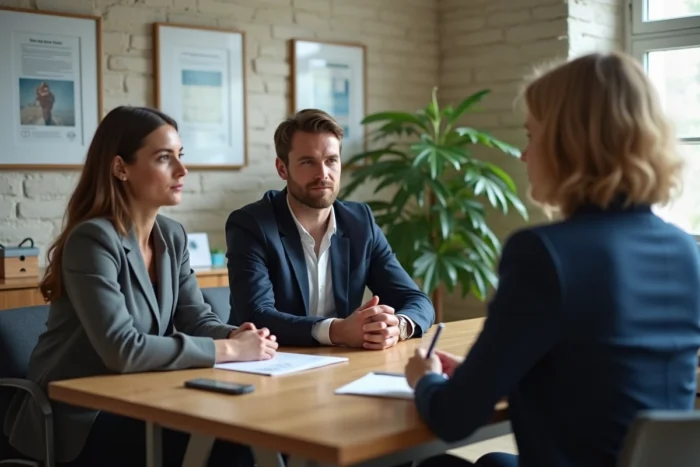 Couple consultant un agent administratif à la mairie de Nantes pour la transcription de leur acte de mariage